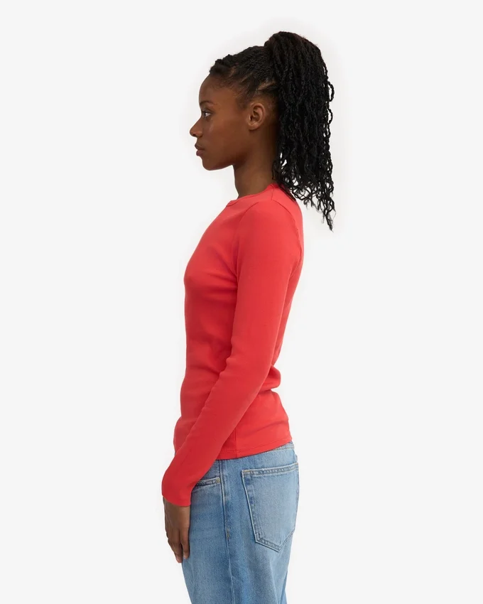 Camiseta de manga larga de punto acanalado orgánica para mujer - Mandarina roja