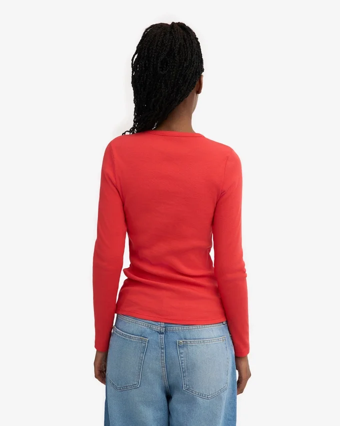 Camiseta de manga larga de punto acanalado orgánica para mujer - Mandarina roja