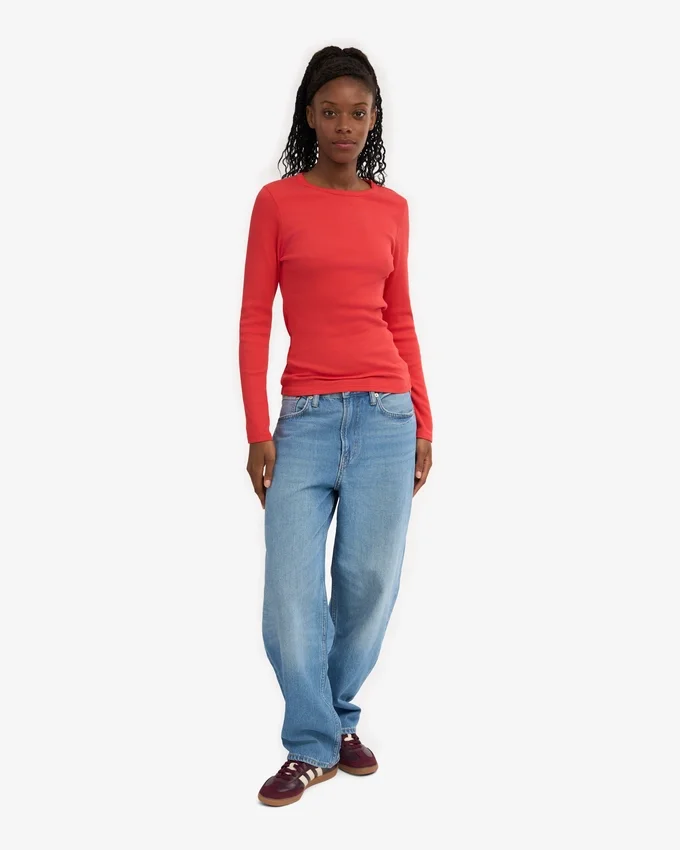 Camiseta de manga larga de punto acanalado orgánica para mujer - Mandarina roja