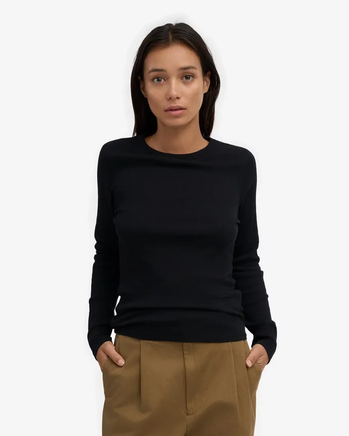 Camiseta de manga larga de punto acanalado orgánica para mujer - Negro intenso