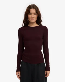 Camiseta de manga larga de punto acanalado orgánica para mujer – Rojo sangre