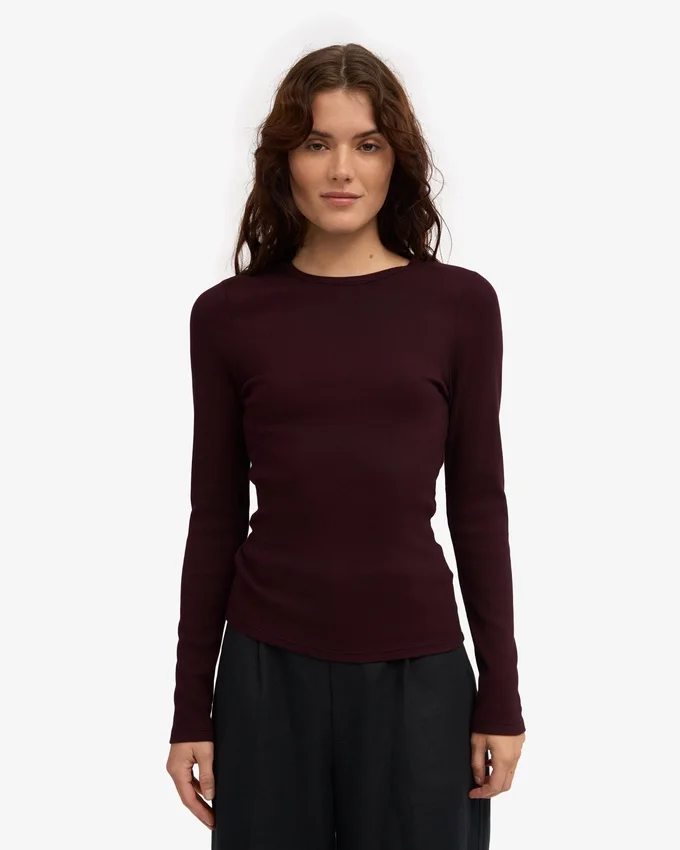 Camiseta de manga larga de punto acanalado orgánica para mujer - Rojo sangre