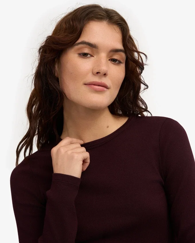 Camiseta de manga larga de punto acanalado orgánica para mujer - Rojo sangre