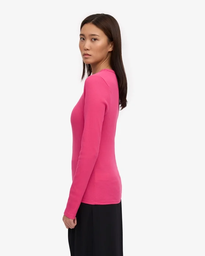 Camiseta de manga larga de punto acanalado orgánica para mujer - Rosa chicle