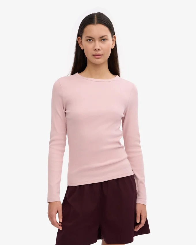 Camiseta de manga larga de punto acanalado orgánica para mujer - Rosa descolorido