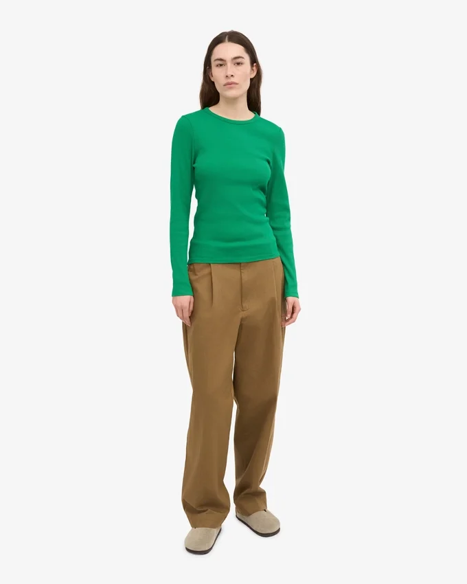 Camiseta de manga larga de punto acanalado orgánica para mujer - Verde Kelly