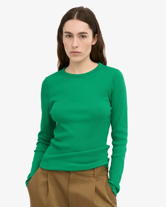 Camiseta de manga larga de punto acanalado orgánica para mujer - Verde Kelly