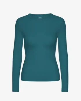 Camiseta de manga larga de punto acanalado orgánica para mujer - Verde océano