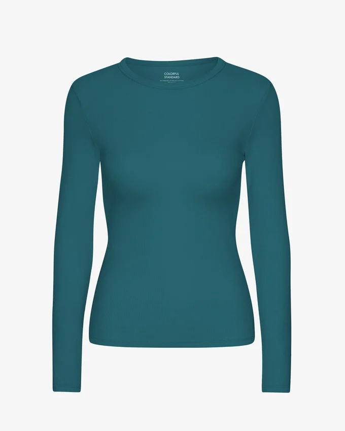 Camiseta de manga larga de punto acanalado orgánica para mujer - Verde océano