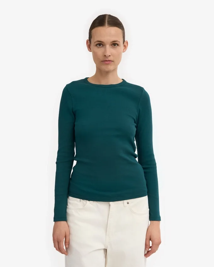 Camiseta de manga larga de punto acanalado orgánica para mujer - Verde océano