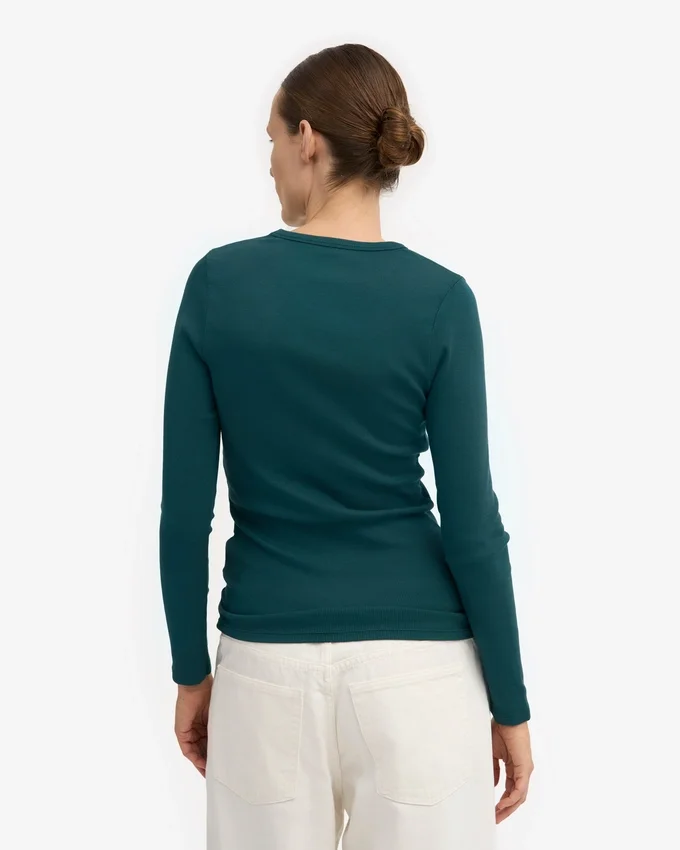 Camiseta de manga larga de punto acanalado orgánica para mujer - Verde océano