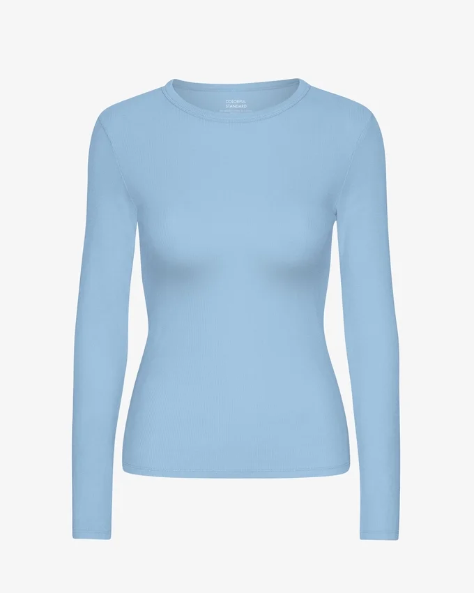Camiseta de manga larga de punto elástico orgánica para mujer - Azul mar