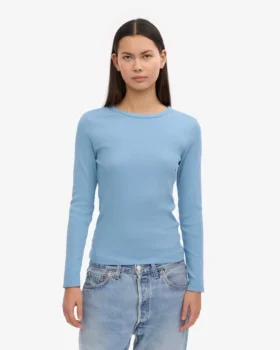 Camiseta de manga larga de punto elástico orgánica para mujer – Azul mar