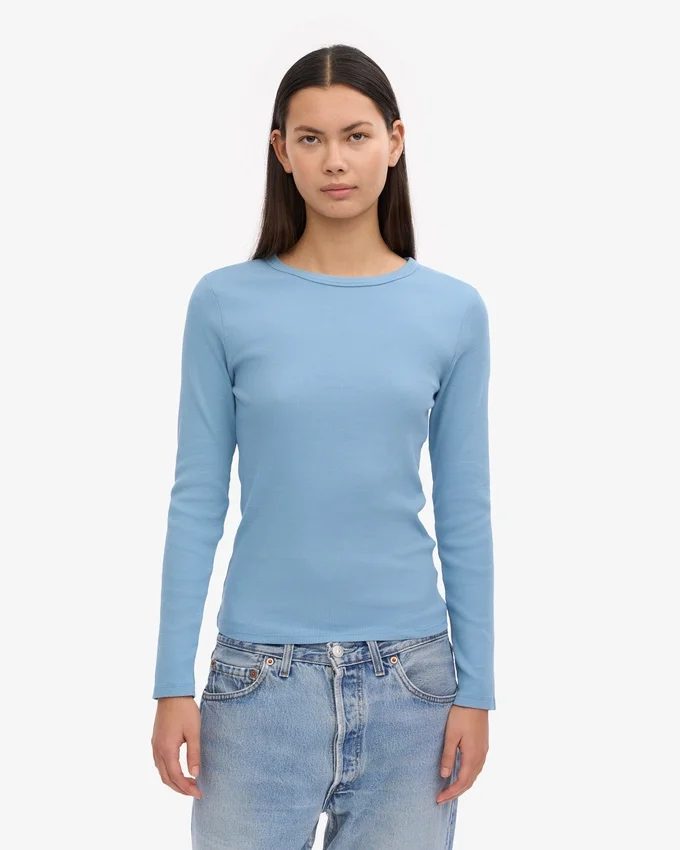 Camiseta de manga larga de punto elástico orgánica para mujer - Azul mar