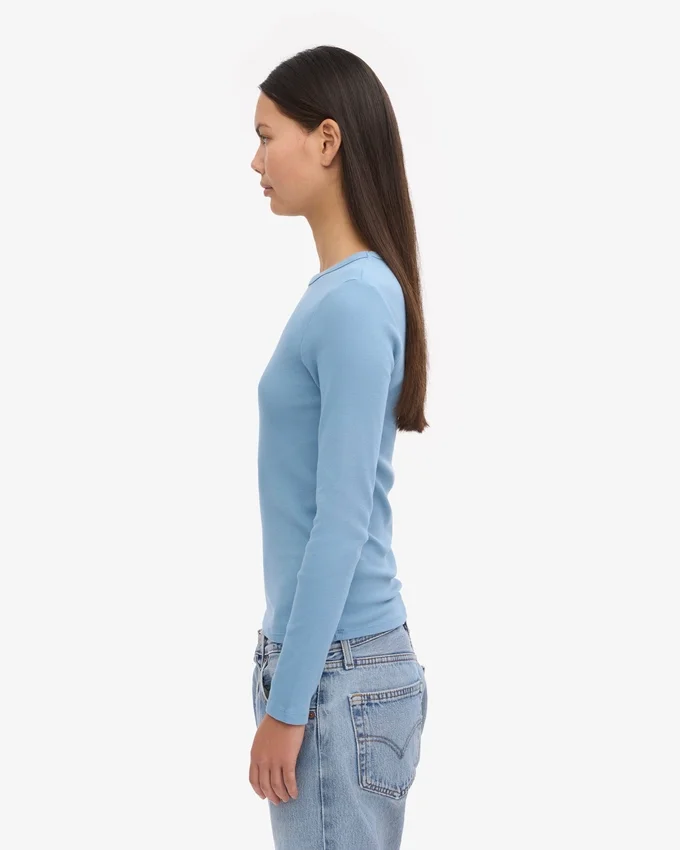 Camiseta de manga larga de punto elástico orgánica para mujer - Azul mar