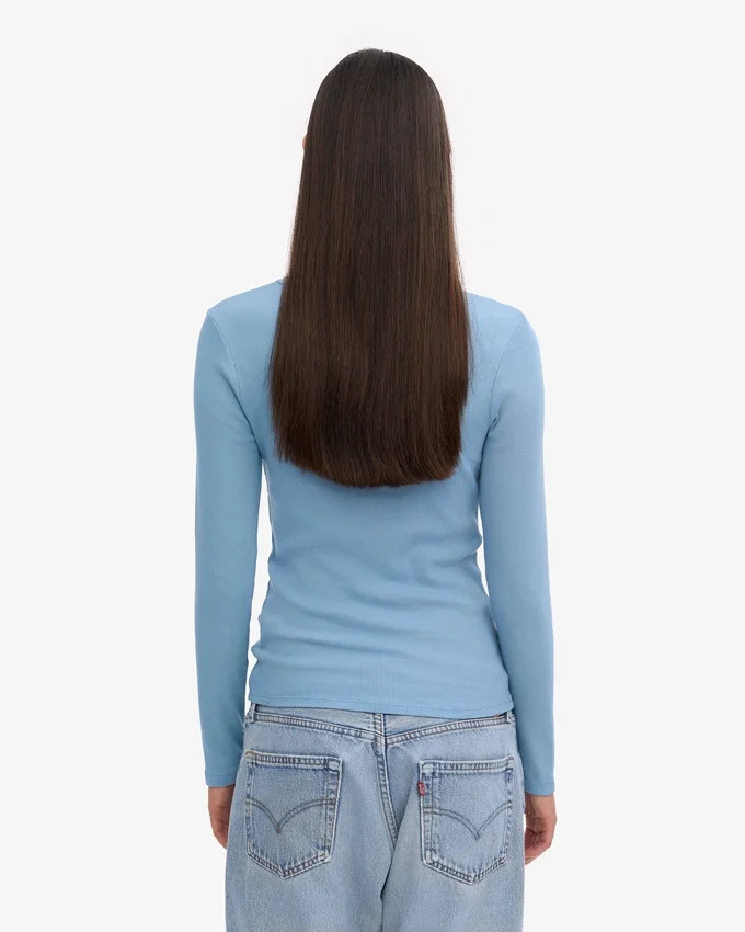 Camiseta de manga larga de punto elástico orgánica para mujer - Azul mar