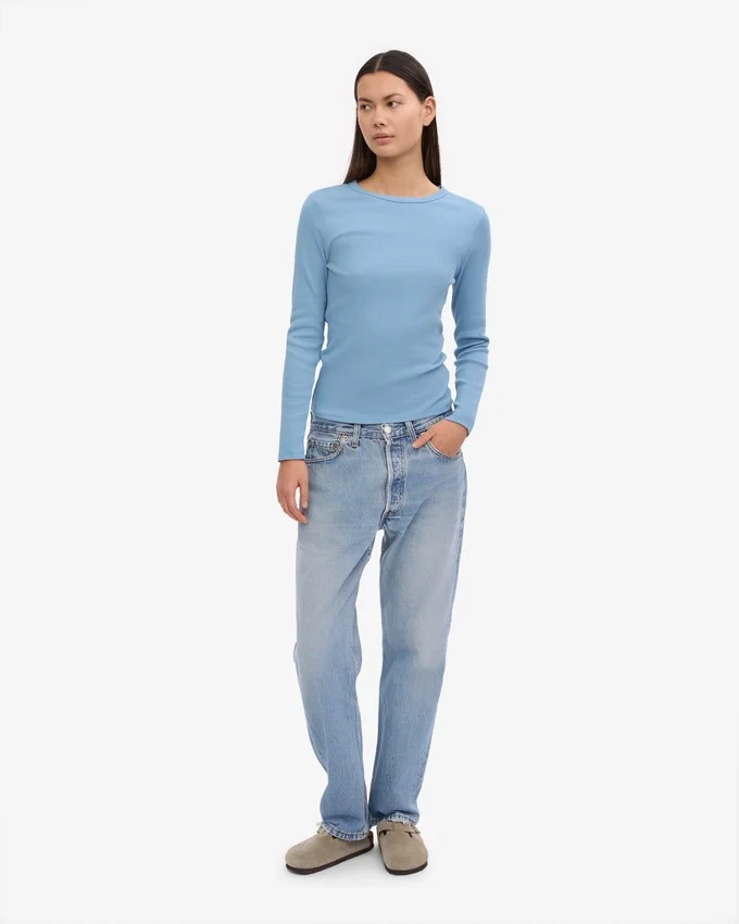 Camiseta de manga larga de punto elástico orgánica para mujer - Azul mar