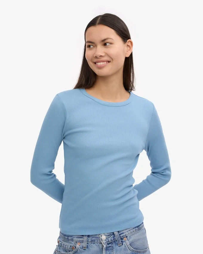 Camiseta de manga larga de punto elástico orgánica para mujer - Azul mar