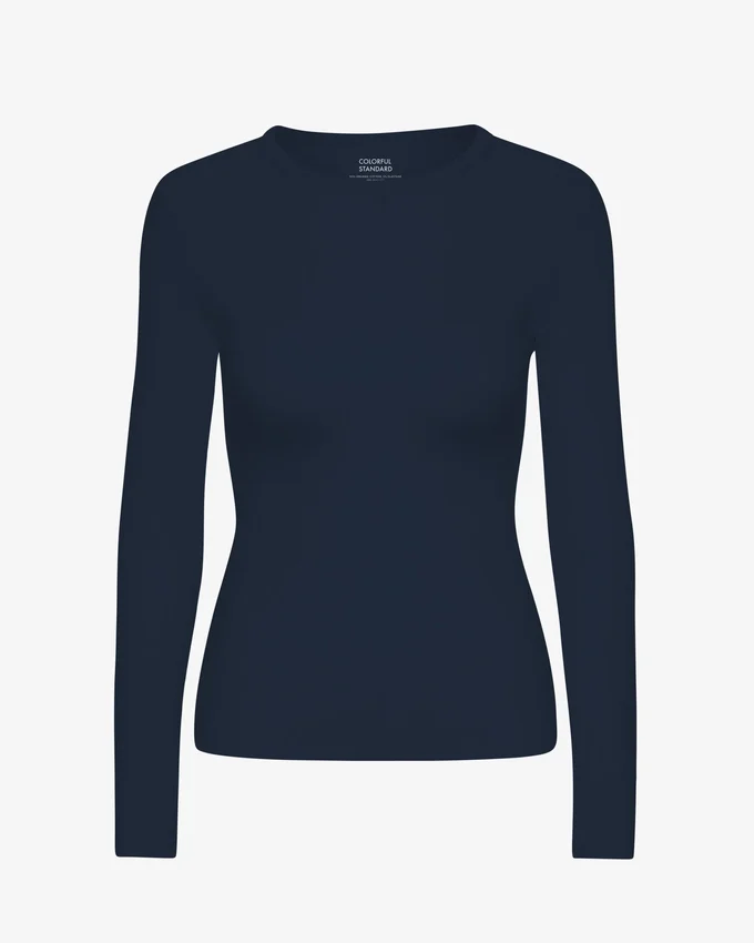 Camiseta de manga larga de punto elástico orgánica para mujer - Azul marino