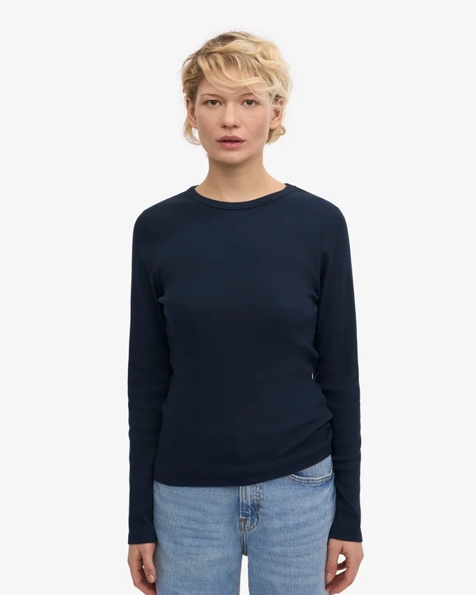 Camiseta de manga larga de punto elástico orgánica para mujer - Azul marino