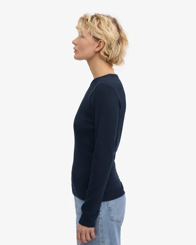 Camiseta de manga larga de punto elástico orgánica para mujer - Azul marino