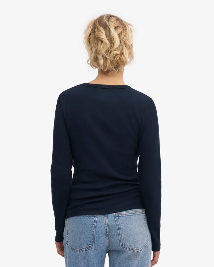 Camiseta de manga larga de punto elástico orgánica para mujer - Azul marino
