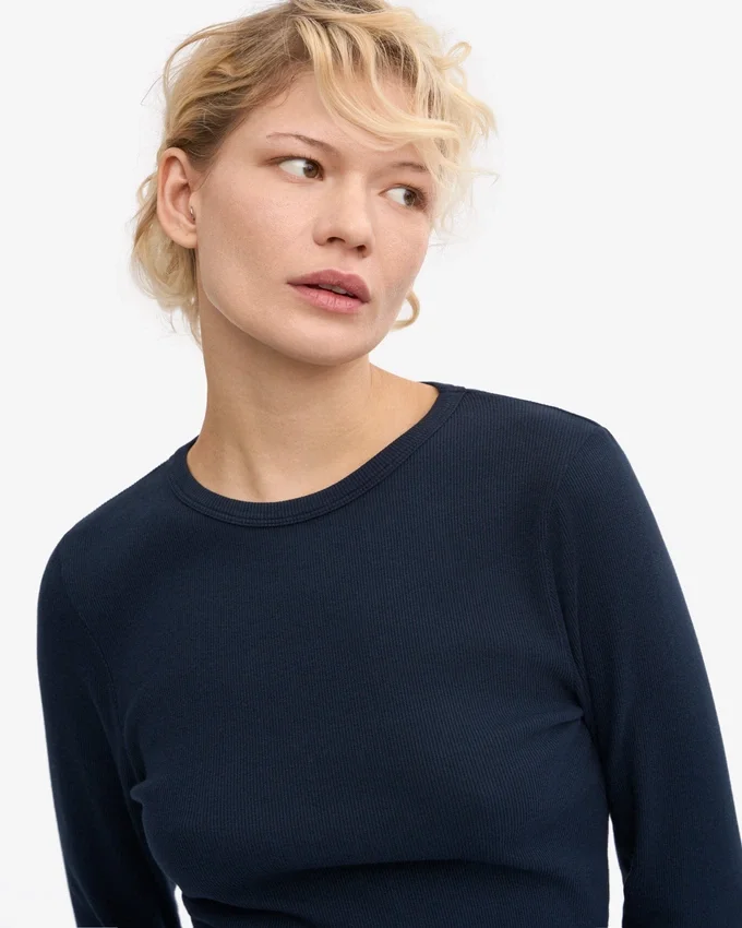 Camiseta de manga larga de punto elástico orgánica para mujer - Azul marino