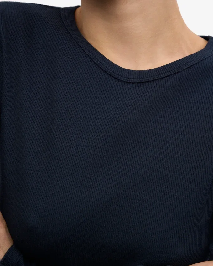 Camiseta de manga larga de punto elástico orgánica para mujer - Azul marino