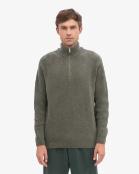 Camiseta de merino con jerséu de media cremallera – Verde oliva apagado