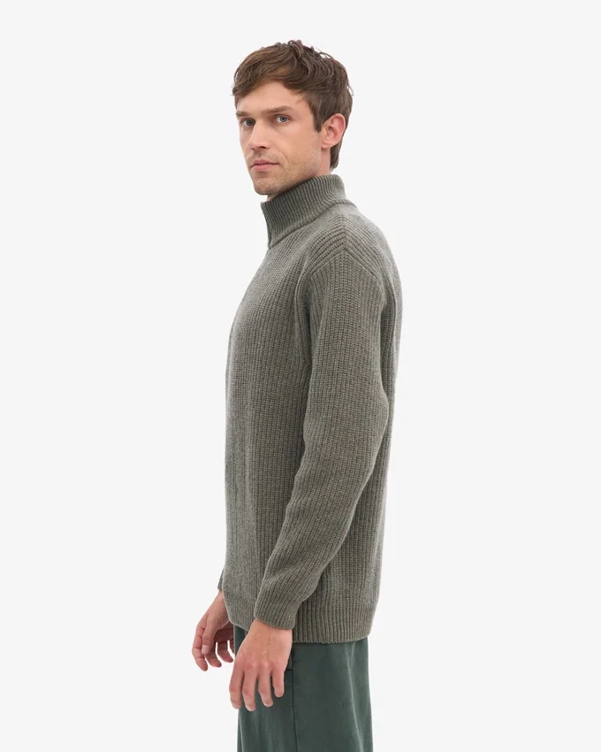 Camiseta de merino con jerséu de media cremallera - Verde oliva apagado