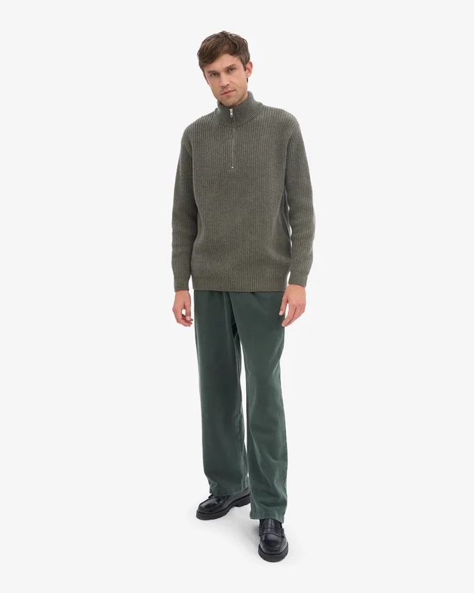 Camiseta de merino con jerséu de media cremallera - Verde oliva apagado