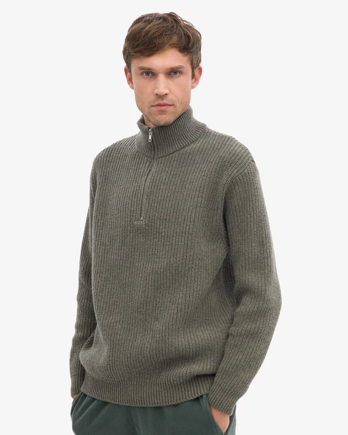 Camiseta de merino con jerséu de media cremallera - Verde oliva apagado