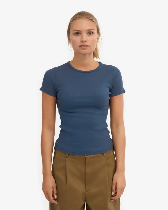 Camiseta de punto acanalado orgánica - Azul petróleo