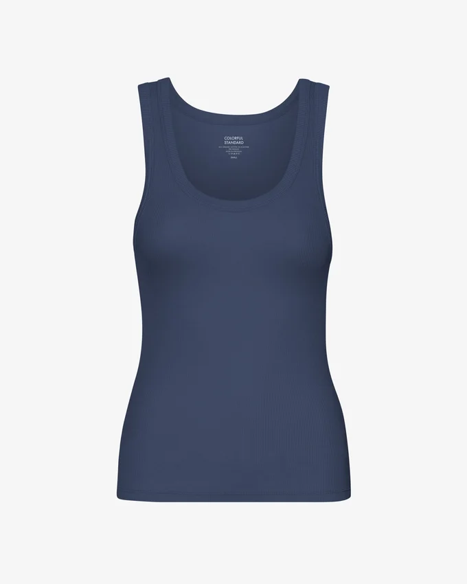 Camiseta de tirantes de punto acanalado orgánica para mujer - Azul petróleo