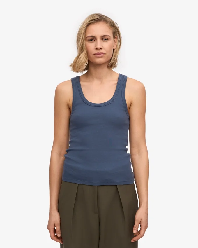 Camiseta de tirantes de punto acanalado orgánica para mujer - Azul petróleo