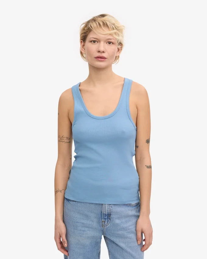 Camiseta de tirantes de punto elástico orgánica para mujer - Azul mar