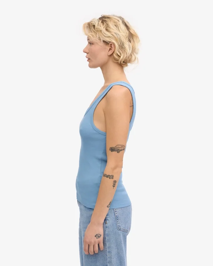 Camiseta de tirantes de punto elástico orgánica para mujer - Azul mar