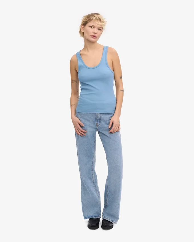 Camiseta de tirantes de punto elástico orgánica para mujer - Azul mar