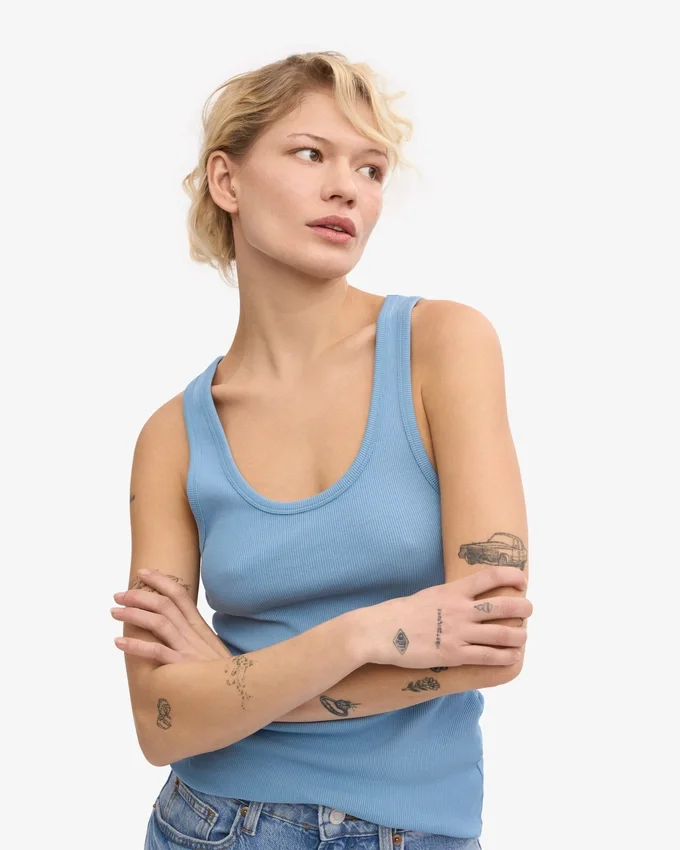 Camiseta de tirantes de punto elástico orgánica para mujer - Azul mar