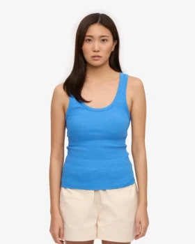 Camiseta de tirantes de punto elástico orgánica para mujer – Azul Pacífico