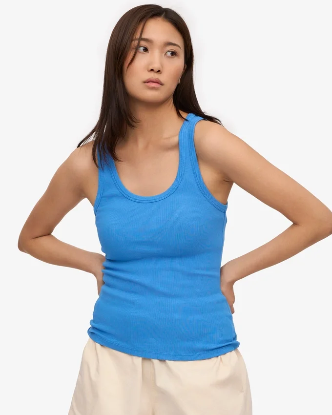 Camiseta de tirantes de punto elástico orgánica para mujer - Azul Pacífico