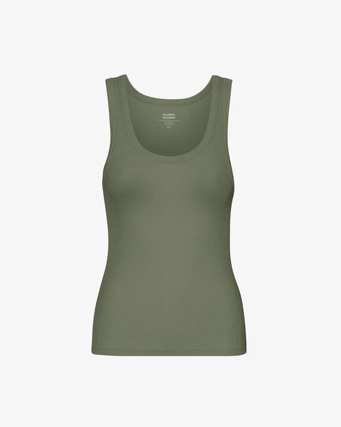 Camiseta de tirantes de punto elástico orgánica para mujer - Verde oliva apagado