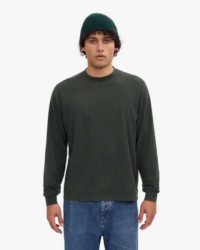 Camiseta orgánica de manga larga oversize - Verde bosque nocturno