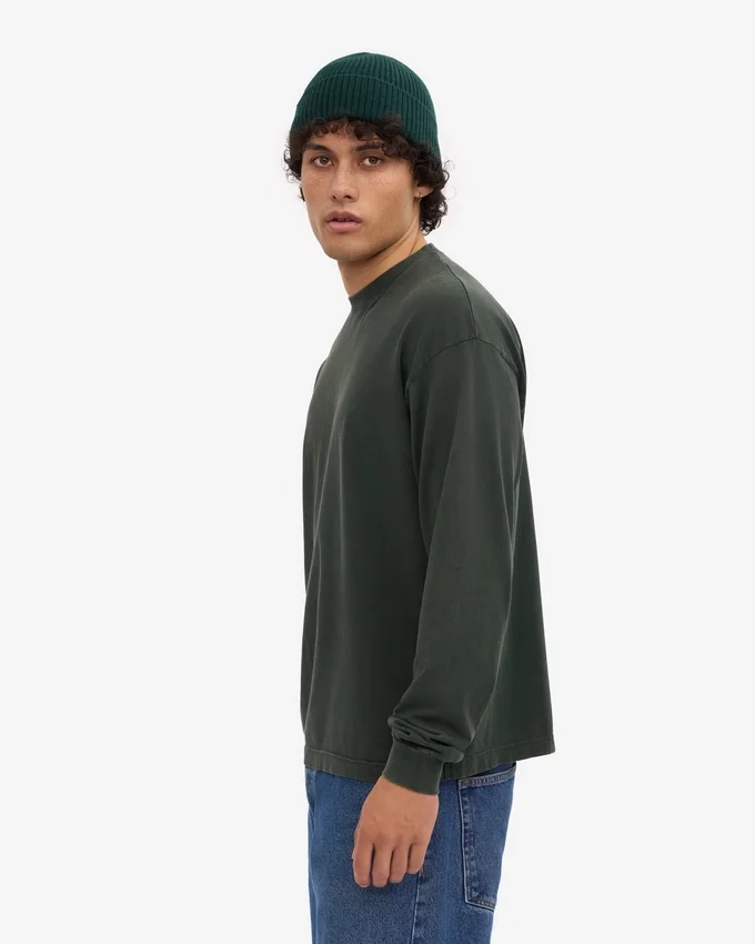 Camiseta orgánica de manga larga oversize - Verde bosque nocturno