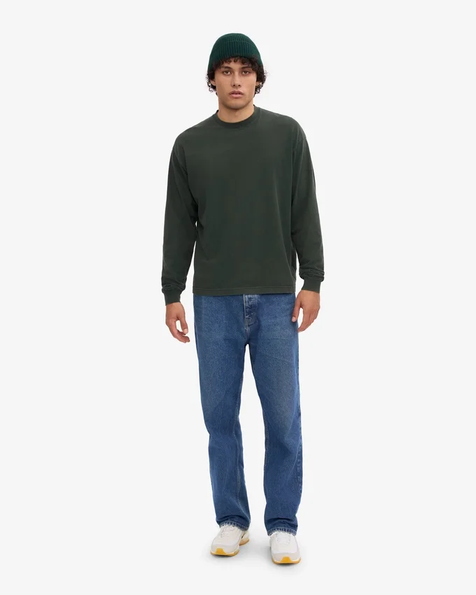 Camiseta orgánica de manga larga oversize - Verde bosque nocturno
