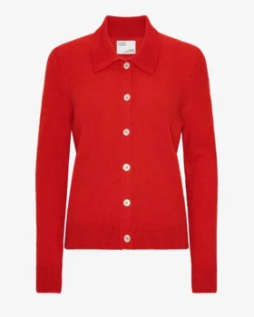 Cárdigan de cuello de lana merina para mujer - Rojo mandarina
