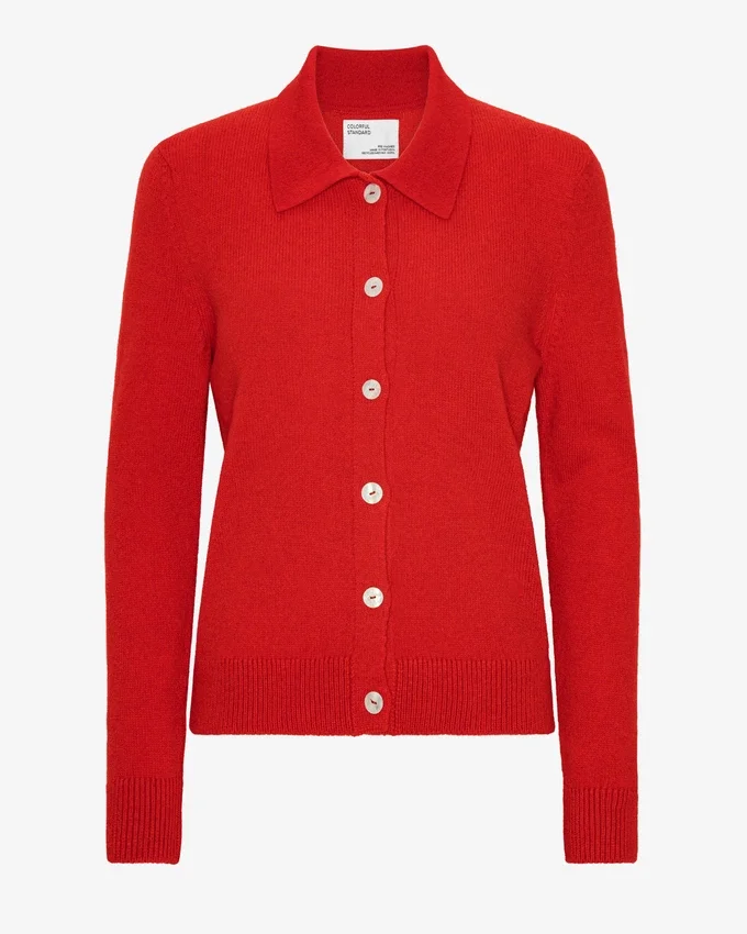Cárdigan de cuello de lana merina para mujer - Rojo mandarina