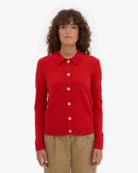 Cárdigan de cuello de lana merina para mujer – Rojo mandarina