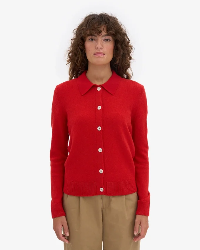 Cárdigan de cuello de lana merina para mujer - Rojo mandarina