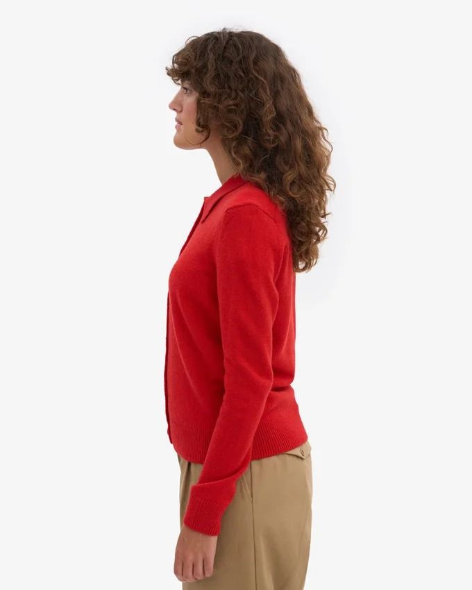 Cárdigan de cuello de lana merina para mujer - Rojo mandarina